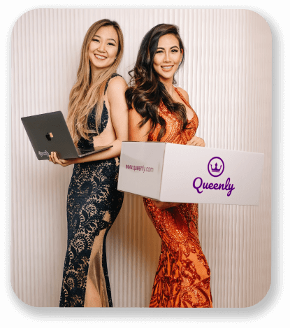 Queenly Cofounders, Kathy and Trisha, in formal dresses smiling